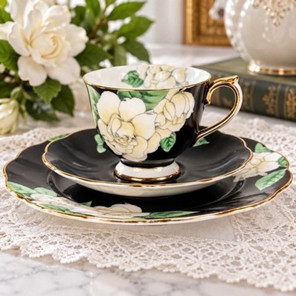 Vintage Royal Albert Gardenia Black Floral Tea Cup Saucer Dessert Plate Trio